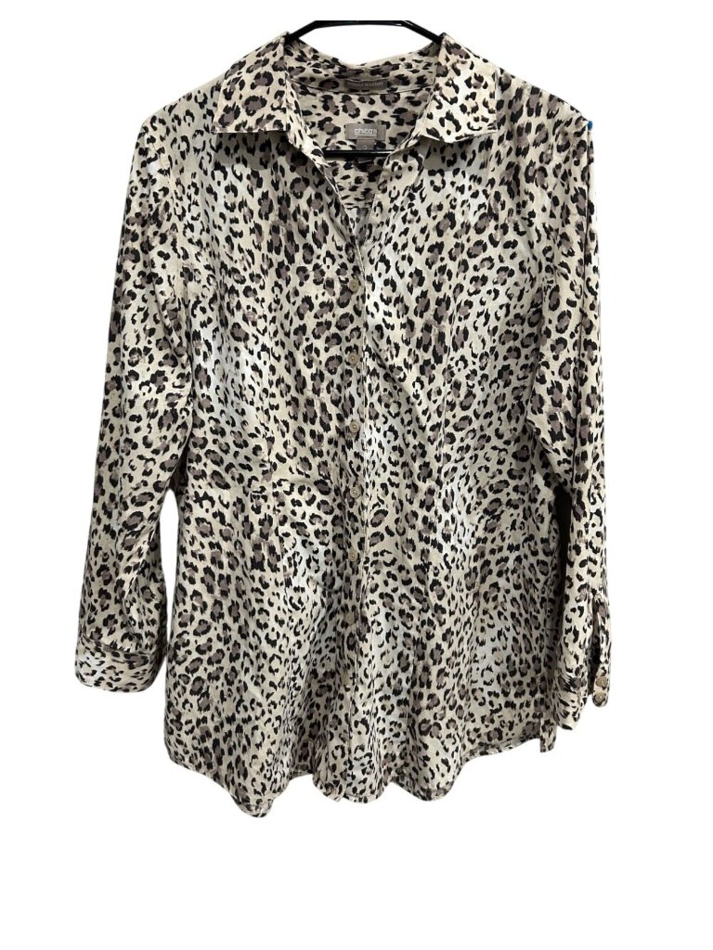 Chicos Large Leopard Print Long Sleeve Button Up Shirt Beige Black Mobwife